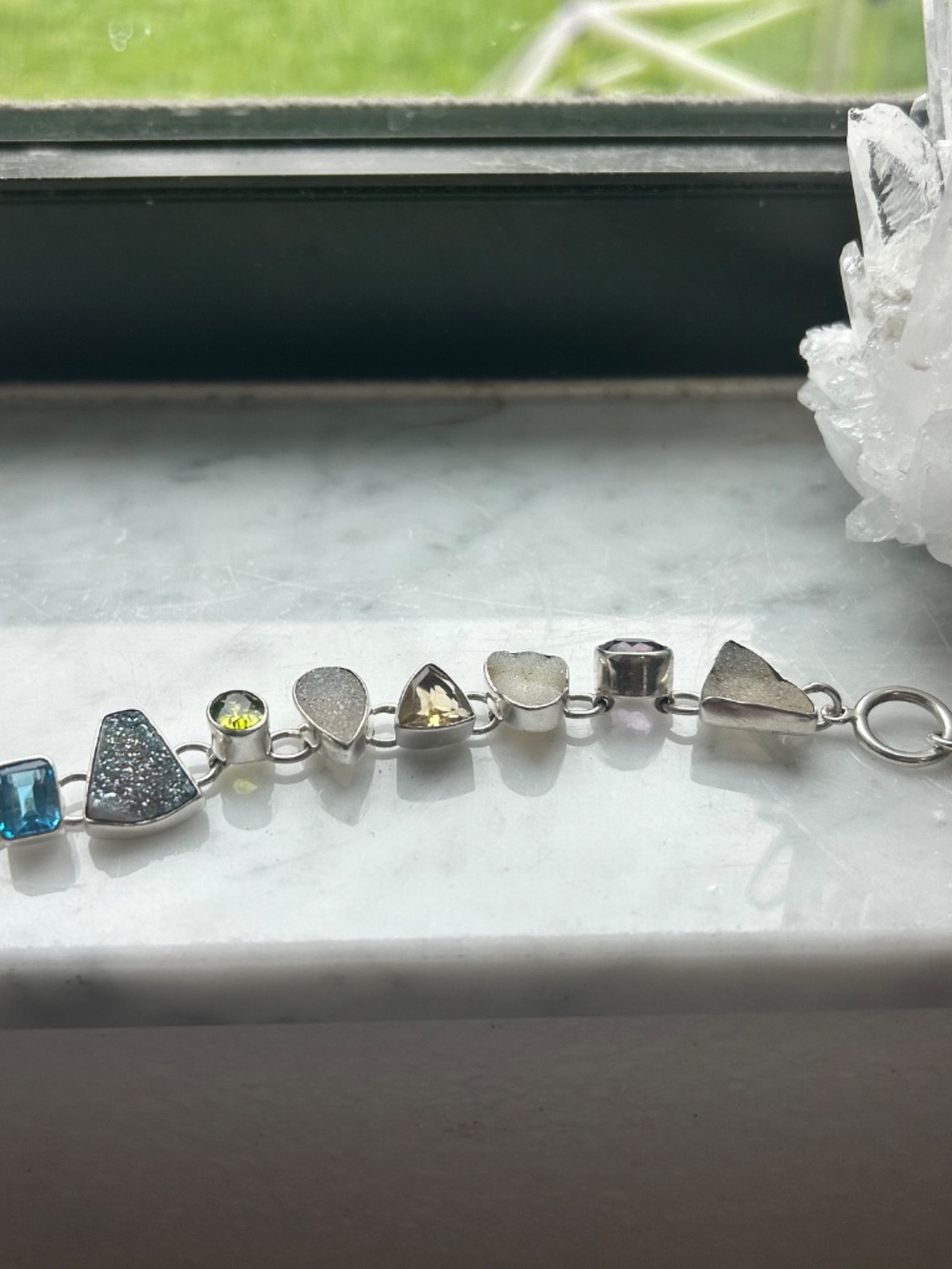 Sterling Silver Semi Precious Stone Bracelet Blue Topaz, Peridot,Citrine & Druzy - Picture 7 of 7